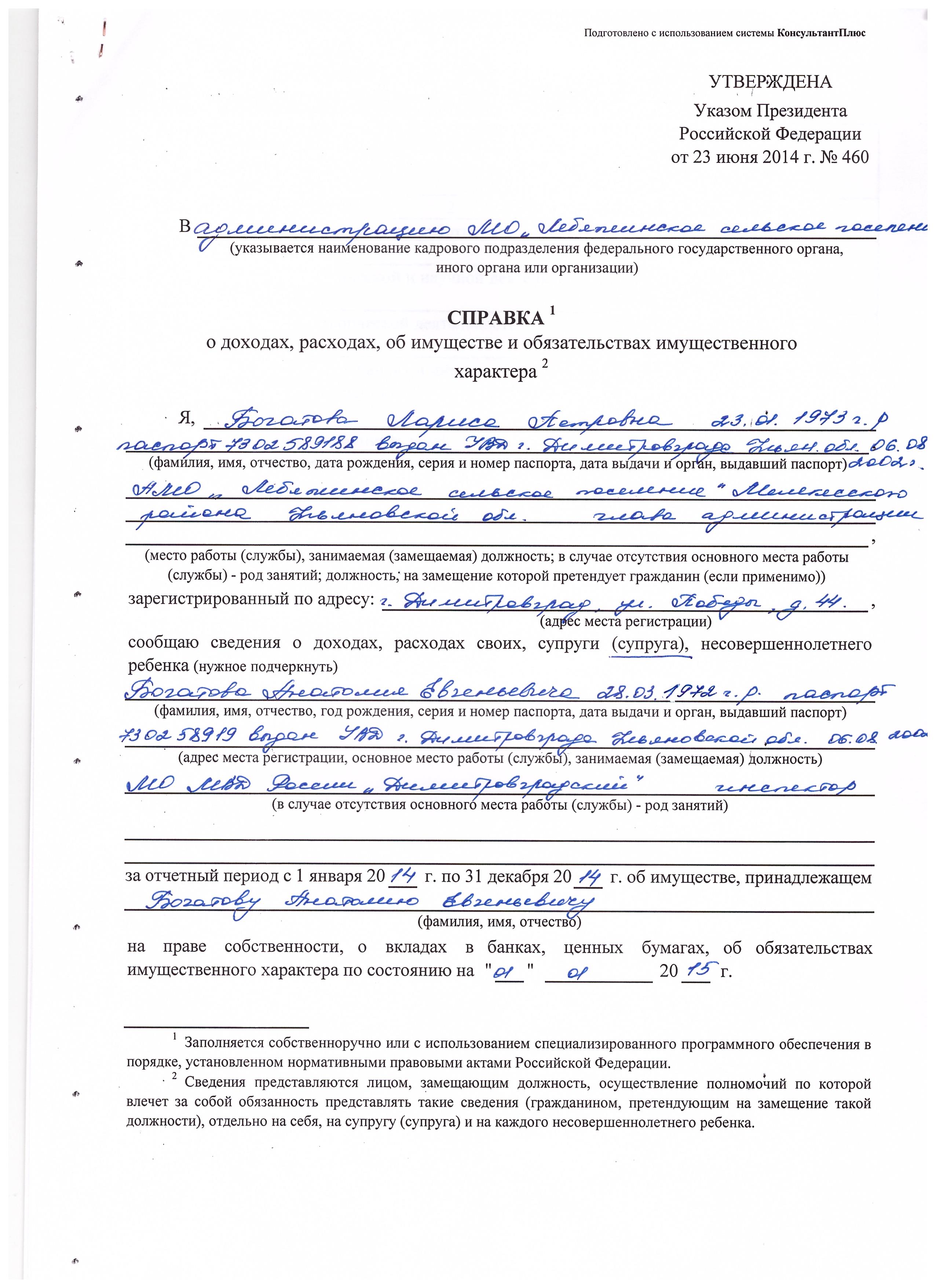 Справка о доходах расходах об имуществе и обязательствах имущественного характера образец